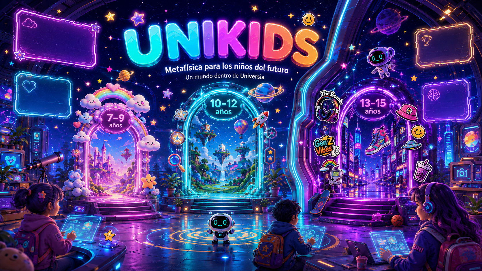 Unikids, metafísica para los niños del futuro, con tres portales para las edades de 7 a 9, 10 a 12 y 13 a 15 años.